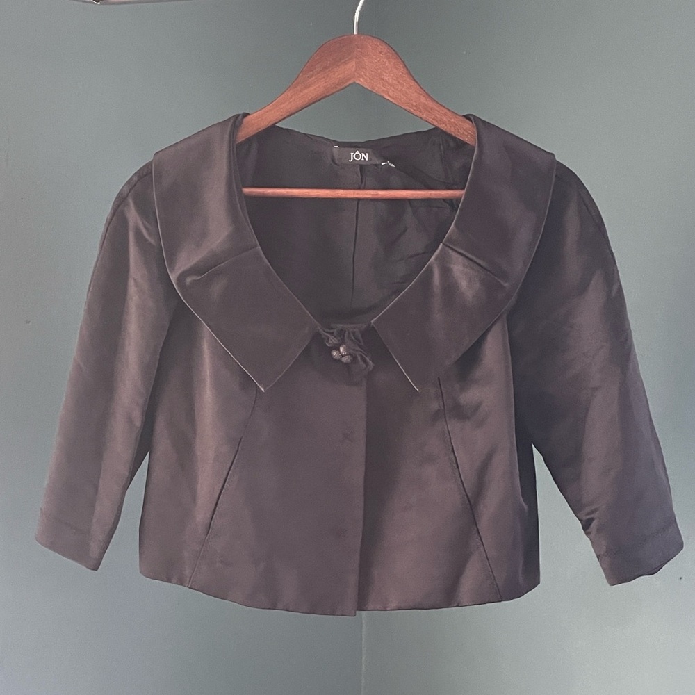 Elegant Black Cropped Blazer with gray rhinestone details    by Jon